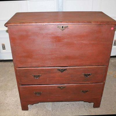 240: Antique country Mule chest in the red paint approx. 39" w x 18" d x 41" h