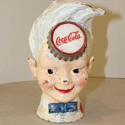 339: Antique Cast Iron Coca Cola "Sprite Boy" advertisement metal bank approx. 6" diameter x 8" h