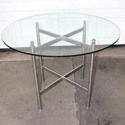 177: Quality mid century modern 42" diameter glass top breakfast table in the manner of Milo Baughman, glass is good approx. 30" h