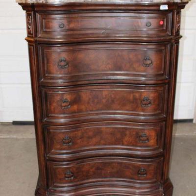 288: Contemporary burl walnut culture marble top 5 drawer high chest approx. 43" w x 21" d x 60" h