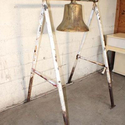 209: Antique brass bell with custom hand made metal A frame rack approx. 38" w x 40" d x 71" h breaks down to 3 pieces