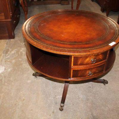 261: Vintage burl mahogany rotating leather top drum table approx. 36" diameter x 29' h