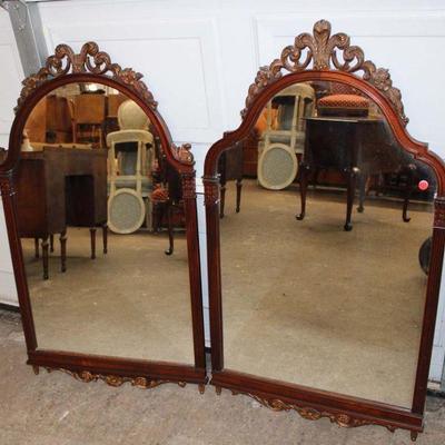 313: Antique burl mahogany decorator mirrors, 1 has broken crest approx. 25" w x 43" h