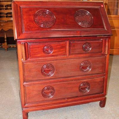 226: Asian hardwood slant front desk, does have wear on top approx. 35" w x 18" d x 42" h
