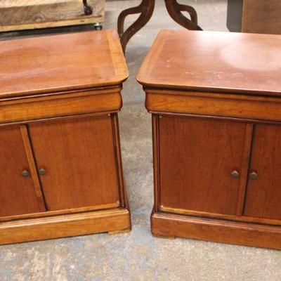 148: Pair of contemporary cherry finish 2 door 1 drawer nightstands made in France approx. 27