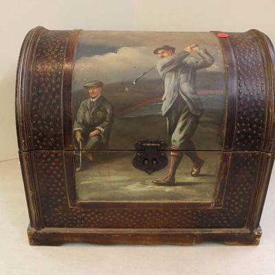 335: Decorative wooden hump back box with golf scene approx. 17" w x 12" d x 14" h