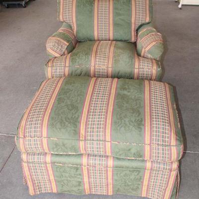 204: Vintage down cushion upholstered club chair and ottoman, custom upholstery approx. Chair: 36" w x 36" d x 30" h seat...