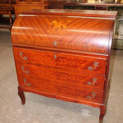 231: Semi antique French rosewood with exotic wood inlay cylinder roll desk in good condition approx. 35" w x 19" d x 38" h