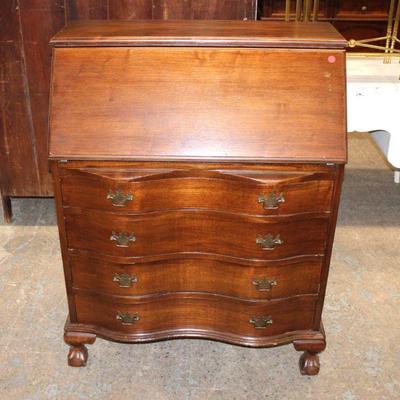 120: Vintage solid mahogany ball and claw serpentine front secretary bookcase approx. 33