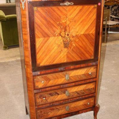 230: Antique French rosewood with exotic wood inlay marble top fall front chest with fitted interior and applied bronze (NOT Attached),...