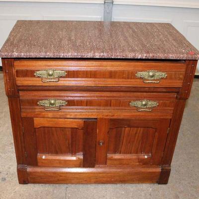 239: Antique Victorian walnut Tennessee Brown marble top 2 drawer 2 door washstand approx. 30" w x 18" d x 29" h