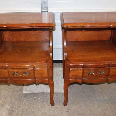 236: Pair of Vintage Permacraft solid cherry French style 1 drawer step up nightstands approx. 21" w x 17" d x 27" h