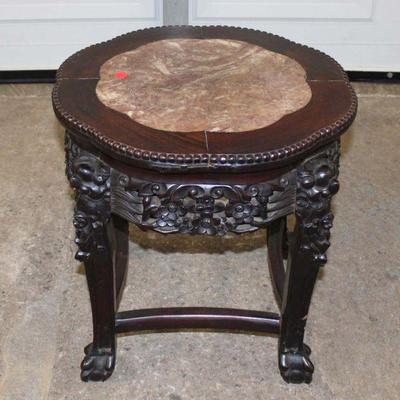 157: Antique Asian carved hardwood marble top stand approx. 18