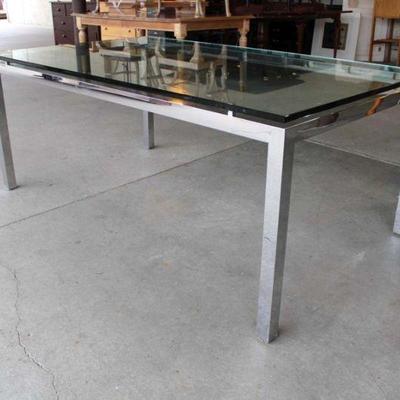 182: Mid century modern thick glass top dining room table on chrome base in the manner of Milo Baughman approx. 72