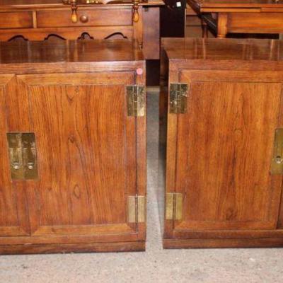 224: Vintage Pair of Henredon walnut campaign style 2 door chests approx. 32" w x 18" d x 28" h