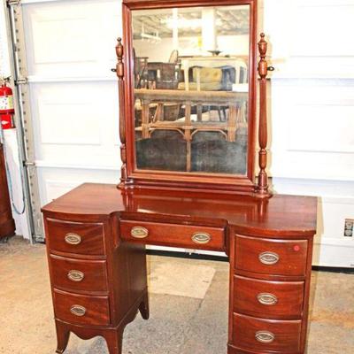 244: Vintage Continental mahogany 7 drawer vanity with mirror approx. 46" w x 18" d x 30" h Mirror: 30" w x 45" h