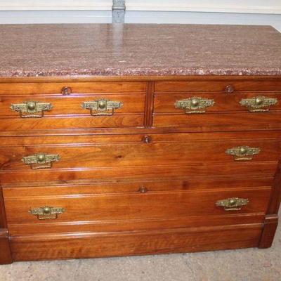 237: Antique Victorian walnut Tennessee brown marble top 4 drawer dresser approx. 44" w x 19" d x 30" h