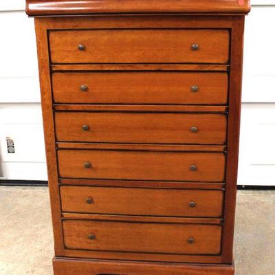 147: Contemporary cherry finish 7 drawer high chest, with hidden jewelry drawer made in France approx. 36