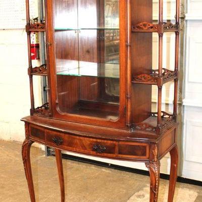 229: Vintage French style mahogany 1 drawer 1 door curio etagere, structurally sound, does have damage to gallery approx. 31" w x...