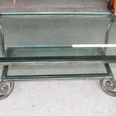 170: Quality modern metal base 2 tier glass top coffee table approx. 49