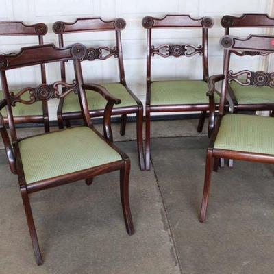 274: Set of 6 Vintage Georgetown Galleries mahogany sabre leg dining room chairs approx. Arm Chairs: 22" w x 20" d x 33" h...
