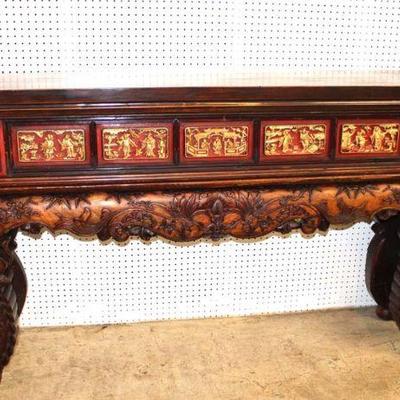 110: Antique style solid mahogany highly carved and ornate Asian buffet with 2 side drawers approx. 84