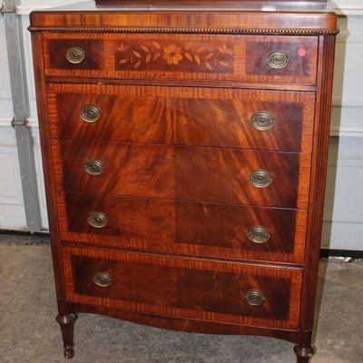 311: Antique burl banded mahogany with inlay 5 drawer high chest approx. 35" w x 20" d x 50" h
