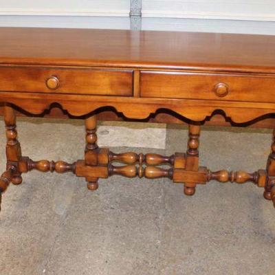 163: Vintage solid maple country 2 drawer drop side gate leg server table approx. 60