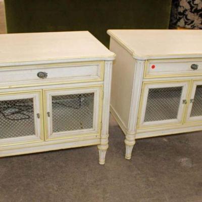 233: Pair of vintage Henredon French style paint decorated 2 wire front doors and 1 drawer nightstands approx. 28" w x 19" d x...