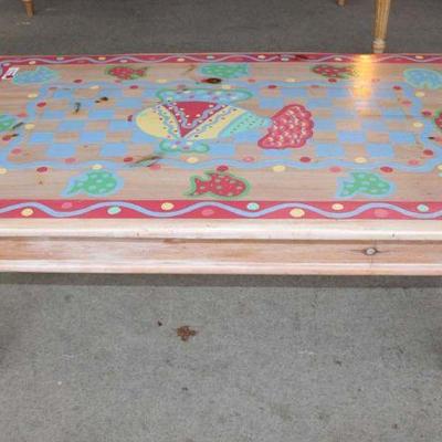 280: Knotty pine paint decorated coffee table approx. 48" w x 30" d x 16" h