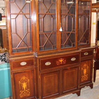 234: Nice semi antique 2pc inlay mahogany 4 door breakfront with nice fitted desk and individual paned glass, has keys approx. 73" w...