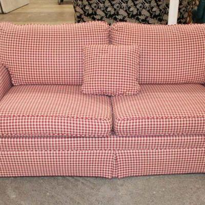 136: Country style 2 cushion pink plaid sofa with decorative pillow approx. 76