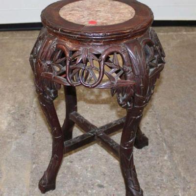 156: Antique Asian carved hardwood marble top stand approx. 14