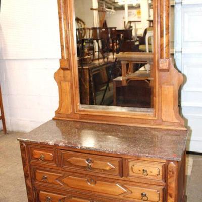 238: Antique Victorian walnut Tennessee brown marble top 5 drawer dresser with mirror approx. 47" w x 21" d x 39" h...