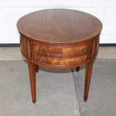 271: Vintage burl mahogany 1 drawer lamp table approx. 24" diameter x 24" h
