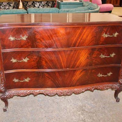195: Vintage burl mahogany French carved 3 drawer low chest approx. 50" w x 21" d x 36" h