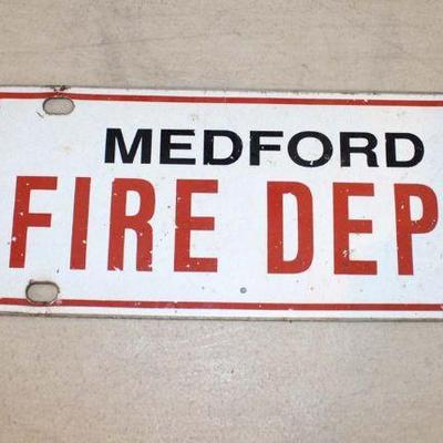 347: Medford Fire Department metal license plate approx. 10" w x 4" h