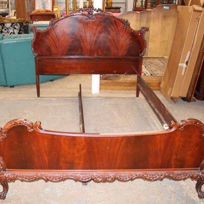 199: Vintage burl mahogany French carved full size bed with rails approx. 60" w x 81" d x 50" h