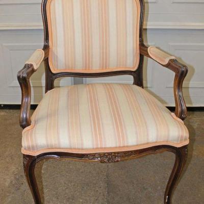 223: Ethan Allen carved walnut frame upholstered arm chair approx. 27" w x 24" d x 40" h seat height 19"