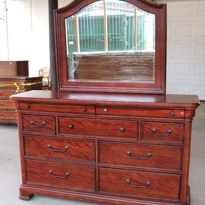 287: Legacy Classics banded mahogany 9 drawer low chest with mirror approx. 66" w x 19" d x 40" h Mirror: 42" w x...