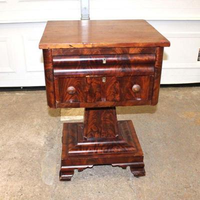 113: Antique burl mahogany empire 2 drawer stand approx. 21