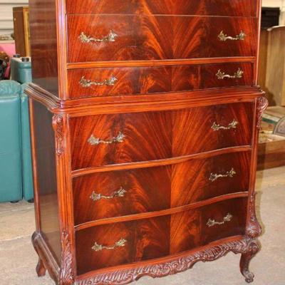 194: Vintage burl mahogany French carved 6 drawer high chest approx. 36" w x 21" d x 55" h