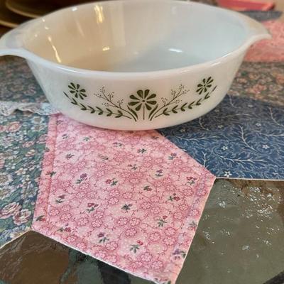 Vintage Pyrex Glasbake Milk Glass Green Daisy Floral Casserole Dish