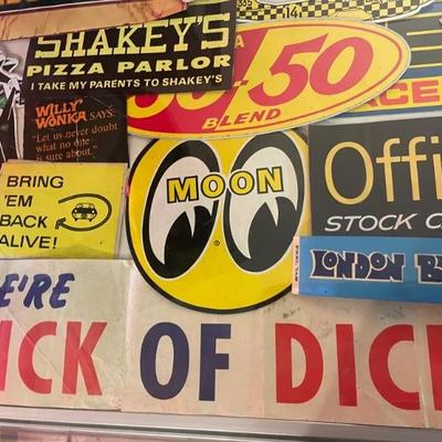 OLD SHAKEY'S PIZZA PARLOR STICKER, 1960'S HAPPY FACE STICKERS, LONDON BRITCHES, RACE CAR, AUTO SHOP & GAS STATION SIGNAGE STICKERS &...