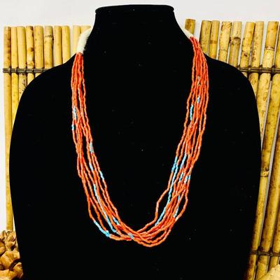  Coral and Turquoise Heshi Bead Necklace