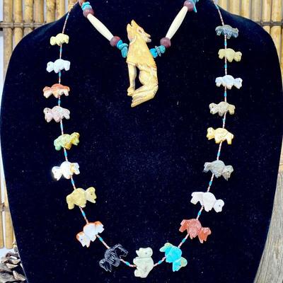 Two Zuni Fetish and Carved Bone Coyote Necklaces
