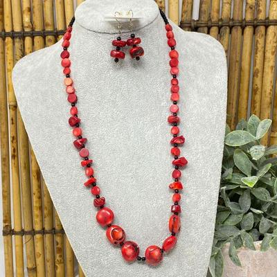  Red Coral Necklace and Earring Set