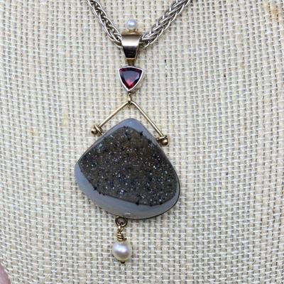 Amaizing Hand Crafted Pendant & Chain Jewelry Set in 14k Gold and 925- Druzy, Ruby, Pearls