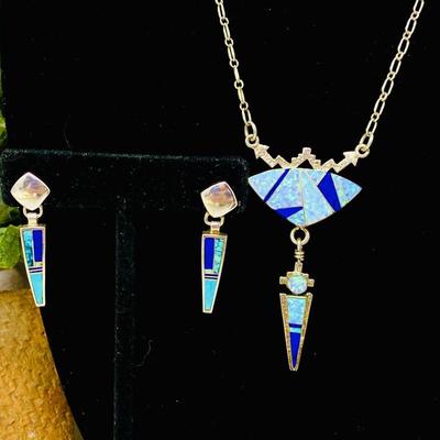  Contemporary Sterling Silver Jewelry Set- Opal & Lapis Inlay