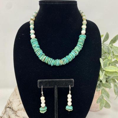 Turquoise, Pearl, & Sterling Necklace w/ Earrings Set